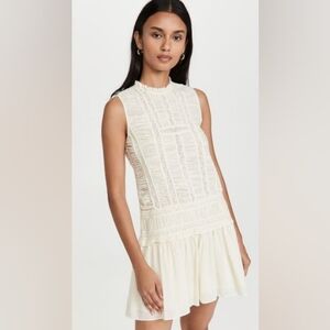 Rebecca Taylor Ruched Lace Inset Cotton Dress in New Ivory
